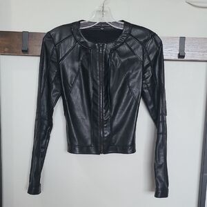 Guess Black Leather Cropped Jacket with Zipper Closure